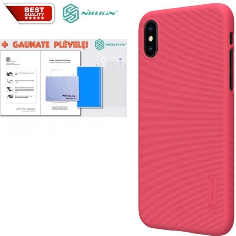 Raudonas Nillkin frosted shield idėklas + plėvelė (IPHONE X) Raudonas Nillkin frosted shield idėklas + plėvelė (IPHONE X)